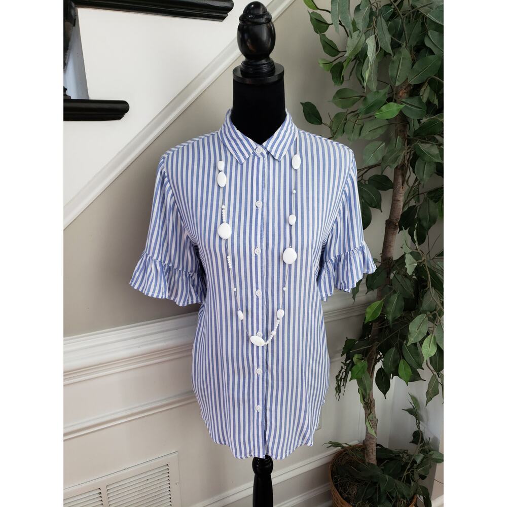 Beach Lunch Lounge Blouse Nisa Stripe Women's Medium Blue Ruffle Sleeve Collared